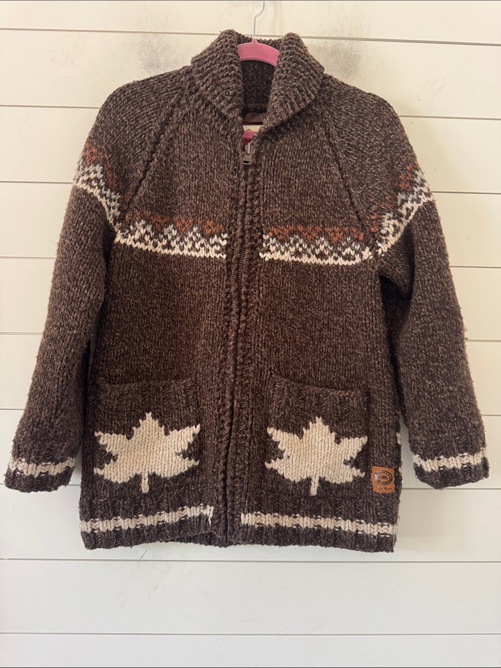 Mary Maxim Roots Colab Size XS ( Generous) Hand Knit Beaver Cardigan Full Zip - Picture 4 of 17